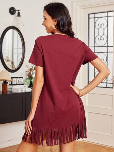 Milumia Women Casual Fringe Hem T Shirt Dress Short Sleeve Round Neck Tee Dress in Saudi Arabia