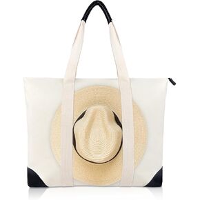 Travel Tote Bag with Hat Holder Strap, Canvas Beach Tote with Leather Accents, Hat Holder for Travel(Hat not included)