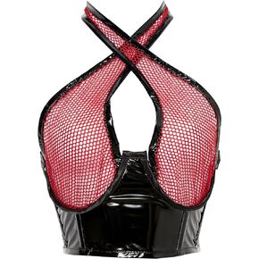 Daisy corsets Womens Red/Black Vinyl & Fishnet Halter Top Underwire Cincher