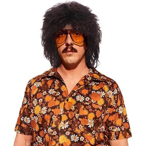 H&Bwig Mullet Wig with Bangs 70s Disco Party Mens Hippie Wigs Brown Long Curly Male Wig Halloween Costumes 80s Rocker Wig(Dark Brown#4)