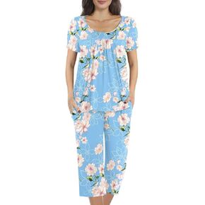 POPYOUNG Womens Summer Casual 2 Piece Pajama Sets with Comfy Capri Pants and Pockets Lounge Sleepwear