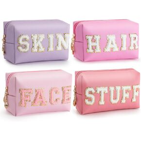 HBselect Preppy Makeup Bag 4 Pcs Travel Toiletry Bag Chenille Letter Patch Makeup Bag Portable Cosmetic Bag for Women PU Leather Waterproof Organizer Make up Bag for Women Girls (Hair Skin Face Stuff)