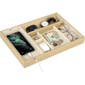 HofferRuffer Faux Leather Valet Tray for Gift,Nightstand Organizer Decorative Dresser Tray Box with Phone Charging Station Organizer Holder, Storage Catchall Tray for Men and Women (Black Organizer)