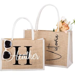 Flycalf Personalized Wedding Tote Bags Gifts for Bridesmaid Summer Beach Girls Trip Bridal Shower Reusable Grocery Burlap Bag