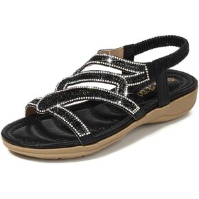 HNGHOU Womens Flats Sandals Summer Gladiator Bohemian Beaded Dress Shoes Comfortable Open Toe Sandal Flat (Black, US 5.5)