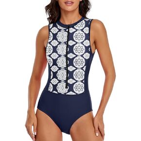 LVZIJUN Women One Piece Rash Guard High Neck Sleeveless Zipper UPF 50 Surfing Swimsuit