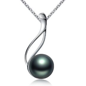 VIKI LYNN Tahitian Black Pearl Necklace for Women 9-10mm Off-Round Tahitian Cultured Black Pearl Pendant with 925 Sterling Silver Chain