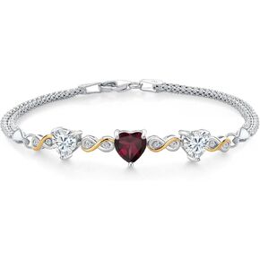 925 Silver and 10K Yellow Gold Red Rhodolite Garnet and White Moissanite and Lab Grown Diamond Bracelet For Women (3.18 Cttw, January Birthstone, Heart 7MM and 6MM, 6.5/7/7.5 Inch, Made In Italy)