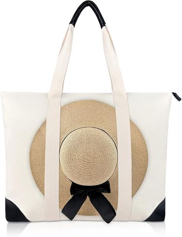 Travel Tote Bag with Hat Holder Strap, Canvas Beach Tote with Leather Accents, Hat Holder for Travel(Hat not included) in Saudi Arabia