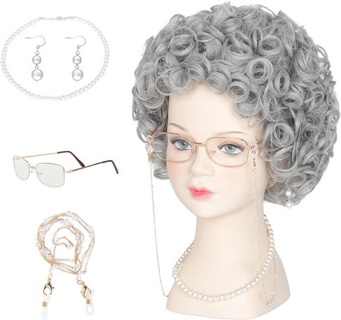 يان دريم باروكة نسائية عجوز 6 قطعة/المجموعة/مجموعة شعر مستعار قصير مجعد باللون الرمادي الفضي للجدة مجموعة شعر مستعار للهالوين in Kuwait