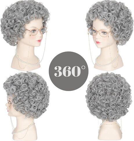 يان دريم باروكة نسائية عجوز 6 قطعة/المجموعة/مجموعة شعر مستعار قصير مجعد باللون الرمادي الفضي للجدة مجموعة شعر مستعار للهالوين in Kuwait