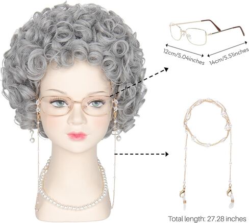 يان دريم باروكة نسائية عجوز 6 قطعة/المجموعة/مجموعة شعر مستعار قصير مجعد باللون الرمادي الفضي للجدة مجموعة شعر مستعار للهالوين in Kuwait