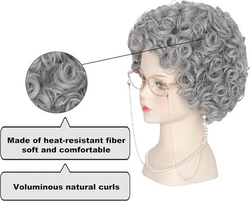يان دريم باروكة نسائية عجوز 6 قطعة/المجموعة/مجموعة شعر مستعار قصير مجعد باللون الرمادي الفضي للجدة مجموعة شعر مستعار للهالوين in Kuwait
