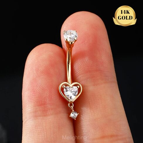 Melighting 14K الصلبة الذهب البطن خاتم على شكل زر القلب البطن الدائري الذهب استرخى البطن ثقب المجوهرات 14 جرام السرة للنساء in Kuwait