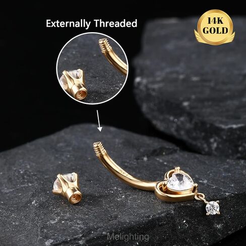 Melighting 14K الصلبة الذهب البطن خاتم على شكل زر القلب البطن الدائري الذهب استرخى البطن ثقب المجوهرات 14 جرام السرة للنساء in Kuwait