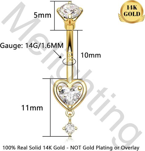 Melighting 14K الصلبة الذهب البطن خاتم على شكل زر القلب البطن الدائري الذهب استرخى البطن ثقب المجوهرات 14 جرام السرة للنساء in Kuwait