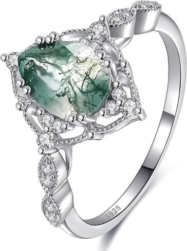 Natural Moss Agate/Black Rutilated Quartz Engagement Rings for Women 925 Sterling Silver White/14K Gold Plated Rings with Cubic Zirconia Pear Cut Wedding Promise Ring Jewelry Gift Size 5-9 in Saudi Arabia