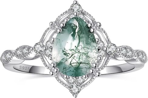 Natural Moss Agate/Black Rutilated Quartz Engagement Rings for Women 925 Sterling Silver White/14K Gold Plated Rings with Cubic Zirconia Pear Cut Wedding Promise Ring Jewelry Gift Size 5-9 in Saudi Arabia