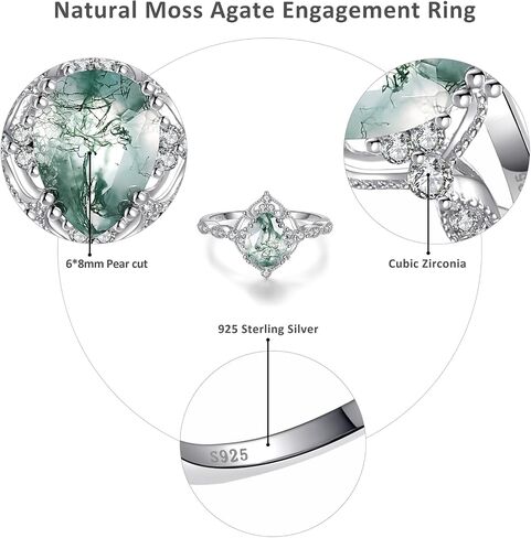 Natural Moss Agate/Black Rutilated Quartz Engagement Rings for Women 925 Sterling Silver White/14K Gold Plated Rings with Cubic Zirconia Pear Cut Wedding Promise Ring Jewelry Gift Size 5-9 in Saudi Arabia