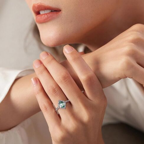 Natural Moss Agate/Black Rutilated Quartz Engagement Rings for Women 925 Sterling Silver White/14K Gold Plated Rings with Cubic Zirconia Pear Cut Wedding Promise Ring Jewelry Gift Size 5-9 in Saudi Arabia