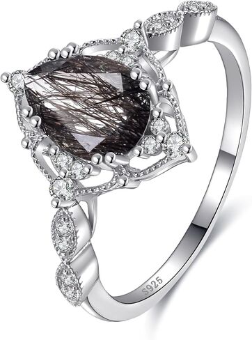 Natural Moss Agate/Black Rutilated Quartz Engagement Rings for Women 925 Sterling Silver White/14K Gold Plated Rings with Cubic Zirconia Pear Cut Wedding Promise Ring Jewelry Gift Size 5-9 in Saudi Arabia