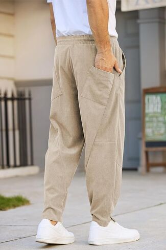COOFANDY Men's Corduroy Pants Elastic Waist Drawstring Harem Pants Fashion Loose Casual Long Trousers with 4 Pockets in Kuwait