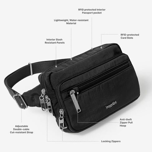 حقيبة حزام Baggallini مضادة للسرقة - 9'x5' Securtex Fanny Pack Sling Crossbody Bag RFID - قفل بسحاب وسحب مائل in Kuwait