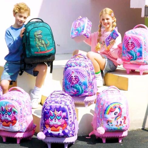 AGSDON 3PCS Rolling Backpack for Boys, Kids Roller Wheels Bookbag, Wheeled School Bag with Lunch Bag - Dinosaur in Kuwait