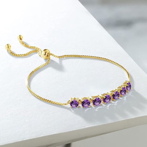 Gem Stone King 18K Yellow Gold Plated Silver Round 4.5MM Gemstone Birthstone 7-Stone Tennis Bracelet for Women Fully Adjustable Up to 9 Inch in Saudi Arabia