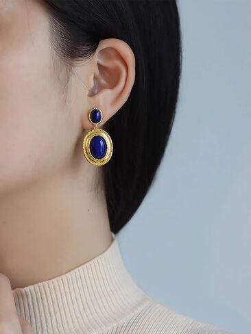 Bohemian Floral Filigree Gold Plated Turquoise Lapis Lazuli Drop Dangle Earrings, 925 Sterling Silver Durable Hook Earrings, Retro Jewelry Gift for Mother Women in Saudi Arabia