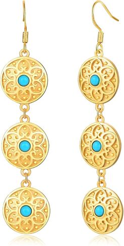 Bohemian Floral Filigree Gold Plated Turquoise Lapis Lazuli Drop Dangle Earrings, 925 Sterling Silver Durable Hook Earrings, Retro Jewelry Gift for Mother Women in Saudi Arabia