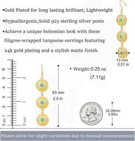 Bohemian Floral Filigree Gold Plated Turquoise Lapis Lazuli Drop Dangle Earrings, 925 Sterling Silver Durable Hook Earrings, Retro Jewelry Gift for Mother Women in Saudi Arabia