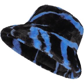 Winter Warm Furry Bucket Hat Zebra Print Faux Fur Hat Plush Fisherman Cap Blue