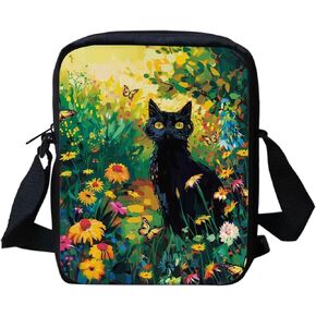 HUGS IDEA Mini Cross-Body Bag Black Cat Floral Small AdjustableShoulder Messenger Handbag Casual Cellphone Purse in Kuwait