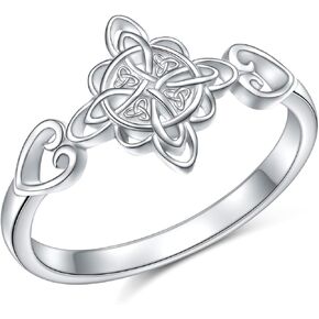 S925 Sterling Silver Ring Celtic Knot Heart Cross Eternity Band Stackable Ring Witches Knot Ring Irish Pagan Wiccan Jewelry for Women