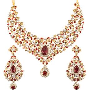 Touchstone Indian Bollywood Traditional Rhinestone Bridal Designer Jewelry Necklace Set for Women in Antique Gold or White Tone.