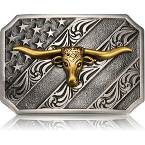 Western Cowboy Belt Buckle for Men, Longhorn Bull Texas Horse Cross Prayer Rodeo Belt Buckle