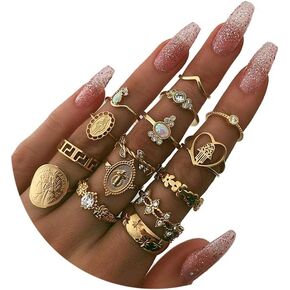 YOOESTORES82 15-19 Pieces Stackable Knuckle Ring Set.Vintage Gold Rhinestone Stacking Joint Ring Midi Finger Rings for Women
