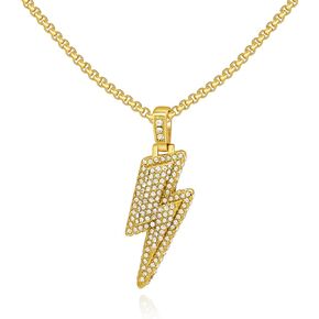 Bling Lightning Bolt CZ Iced Out Necklace for Men,Fake Diamond Thick Cuban Link Chain Rapper Hip Hop Custume Jewelry 18K Gold/Platinum Plated with Sparkly Lightning Charms
