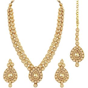 Aheli Indian Wedding Wear Faux Stone Necklace with Maang Tikka Set Elegant Ethnic Fashion Jewelry for Women Gold