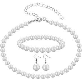 3 Pcs 8mm Pearl Necklace Bracelet Earrings Set Faux Pearl Jewelry Set for Women Simulated Pearl Necklaces Set Round White Pearl Costume Jewelry Accessories for Women Girls Brides Wedding Gift