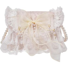 QZUnique Lolita Shoulder Bag Handmade Crossbody Tote Bags with Lace Bow Handbags for Women Girl Purse with Pearl Straps