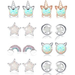 Hicdaw 8/12 Pairs Cute Stud Earrings for Girls Hypoallergenic Earrings Earrings for Girls Opal Earrings for Teen Girls