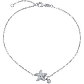 Vacation Beach CZ Nautical Charm Starfish Anklet Ankle Bracelet For Women Teen Rose Gold Plated .925 Sterling Silver 9-10 Inch Adjustable