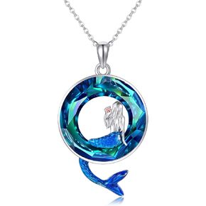 URONE Ocean Necklace 925 Sterling Silver Shark Mermaid Dolphin Seahorse Penadant Necklace Ocean Jewelry Gifts for Women