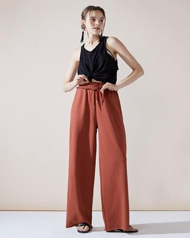 noflik Women's Cotton Drawstring Cropped Wide Leg Pants with Elastic Waist in Kuwait