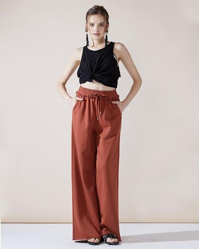 noflik Women's Cotton Drawstring Cropped Wide Leg Pants with Elastic Waist in Kuwait