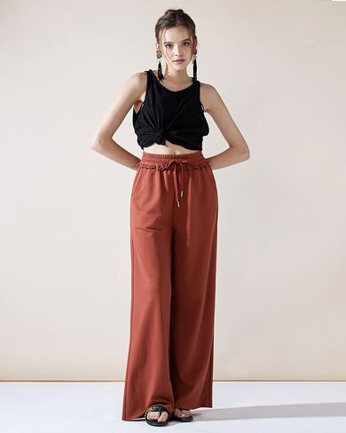 noflik Women's Cotton Drawstring Cropped Wide Leg Pants with Elastic Waist in Kuwait