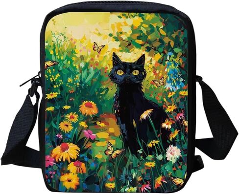 HUGS IDEA Mini Cross-Body Bag Black Cat Floral Small AdjustableShoulder Messenger Handbag Casual Cellphone Purse in Kuwait