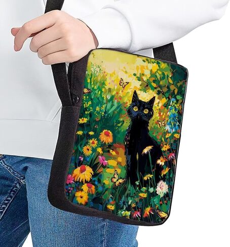 HUGS IDEA Mini Cross-Body Bag Black Cat Floral Small AdjustableShoulder Messenger Handbag Casual Cellphone Purse in Kuwait